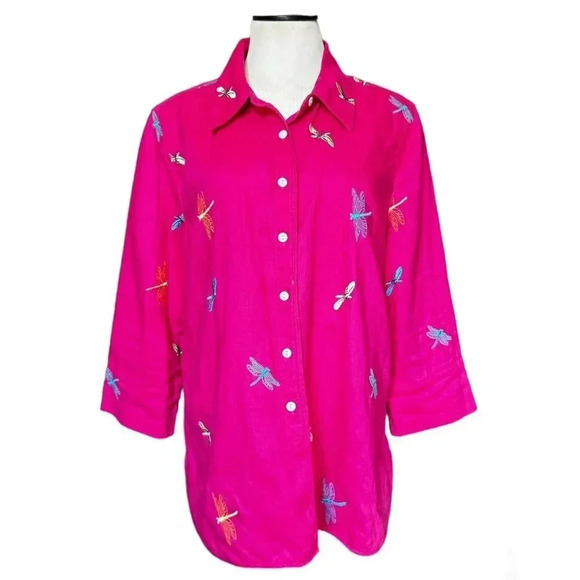 KIM ROGERS Women’s Top Blouse size L embroidered  dragonflies 100% linen blouse - Picture 1 of 12